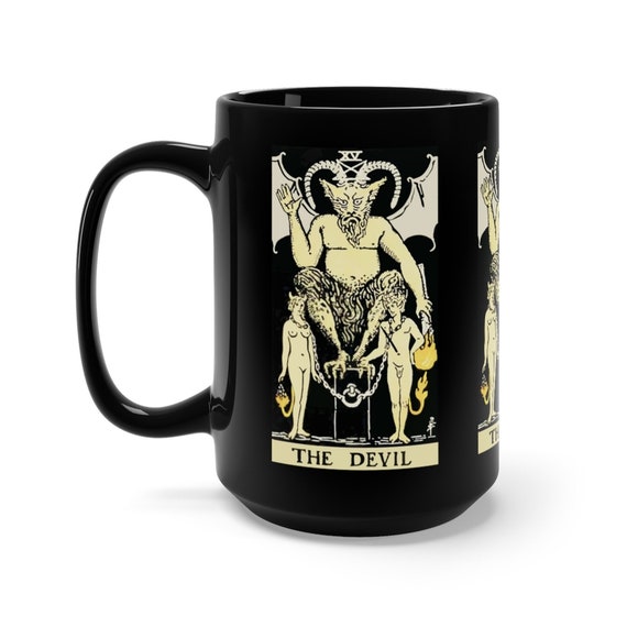 The Devil, Black 15oz Ceramic Mug, Tarot Card, Major Arcana, From Vintage Rider-Waite Deck, Coffee, Tea