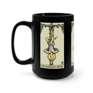 The Hanged Man, Black 15oz Keramische Mok, Tarot Card, Major Arcana, Van Vintage Rider-Waite Deck, Koffie, Thee