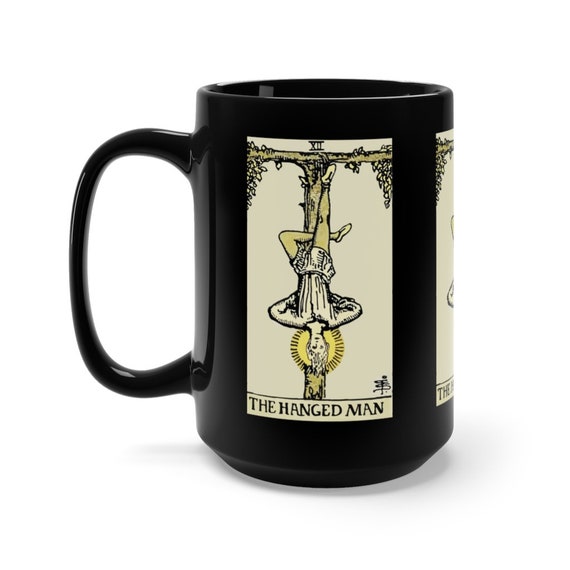 The Hanged Man, Black 15oz Ceramic Mug, Tarot Card, Major Arcana, From Vintage Rider-Waite Deck, Coffee, Tea