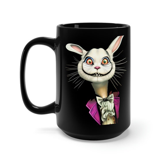 The Cheshire White Rabbit, Black 15oz Ceramic Mug, Surreal, Cheshire Cat, Alice In Wonderland