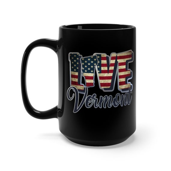 I Love Vermont, Large Black Ceramic Mug, Vintage Retro Flag, Patriotic, Patriotism, United States, Coffee, Tea
