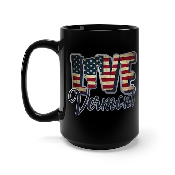 I Love Vermont, Large Black Ceramic Mug, Vintage Retro Flag, Patriotic, Patriotism, United States, Coffee, Tea