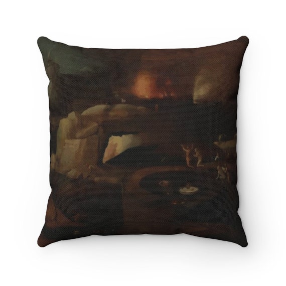 Descent Into Hell v1, Spun Polyester Square Pillow, Painting by Follower Of Hieronymus Bosch, Circa 1550