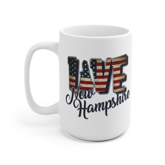 I Love New Hampshire, Large White Ceramic Mug, Vintage Retro Flag, Patriotic, Patriotism, United States, Coffee, Tea