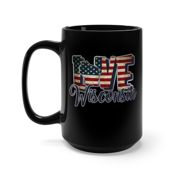 I Love Wisconsin, Large Black Ceramic Mug, Vintage Retro Flag, Patriotic, Patriotism, United States, Coffee, Tea