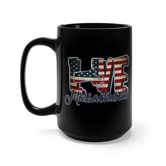 I Love Massachusetts, Large Black Ceramic Mug, Vintage Retro Flag, Patriotic, Patriotism, United States, Coffee, Tea