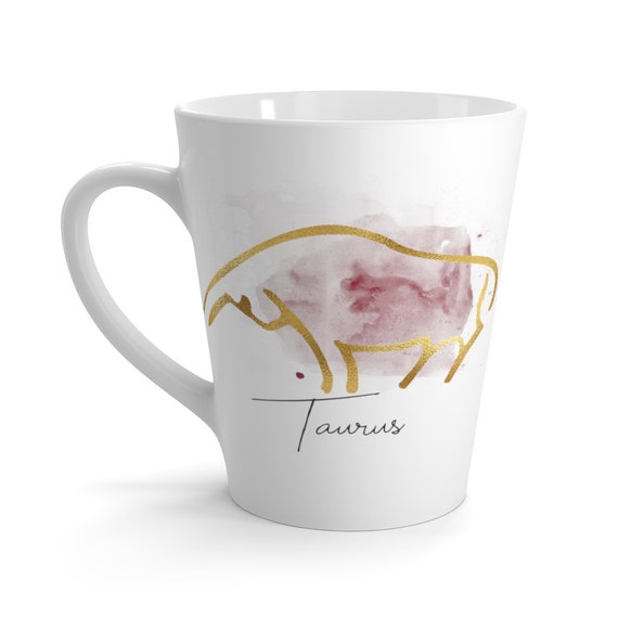 Taurus 12oz White Ceramic Latte Mug, Zodiac, Astrology Gift, Art Deco, Coffee, Tea