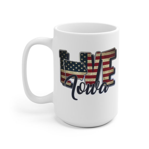 I Love Iowa, Large White Ceramic Mug, Vintage Retro Flag, Patriotic, Patriotism, United States, Coffee, Tea