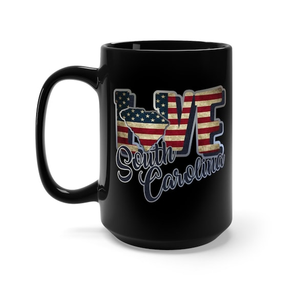 I Love South Carolina, Large Black Ceramic Mug, Vintage Retro Flag, Patriotic, Patriotism, United States, Coffee, Tea