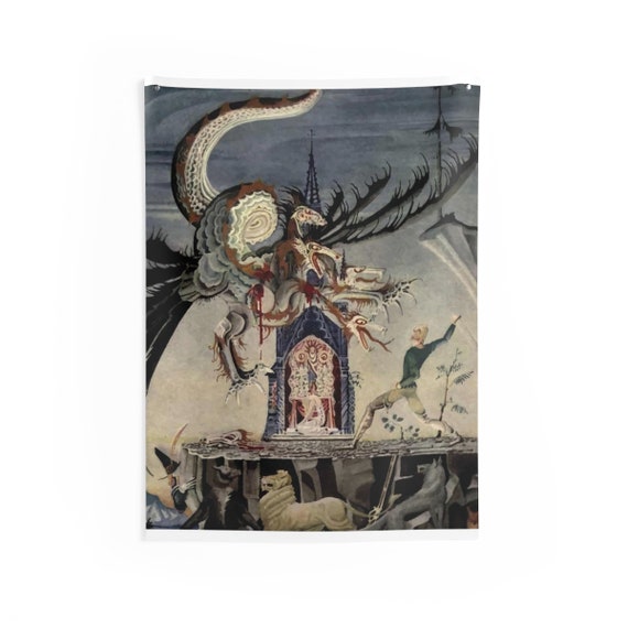 Woodsman Fights Seven Headed Dragon, Indoor Wall Tapestries, Vintage, Art Deco, Antique Watercolor, The Two Brothers, 1921, Wall Decor