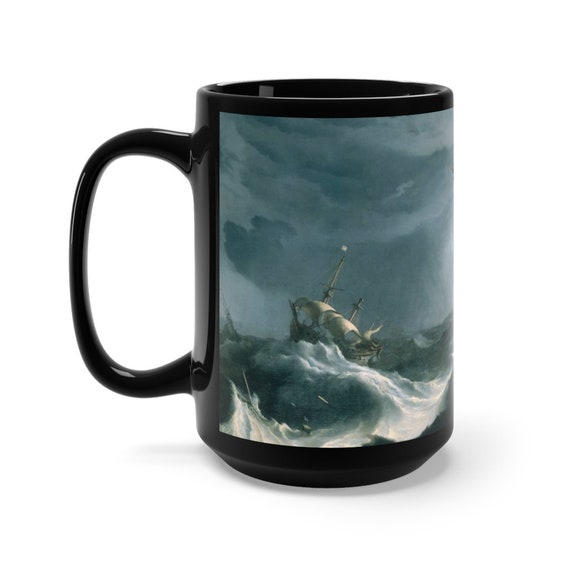 Ships in Distress in a Raging Storm, 15oz Black Ceramic Mug, Ludolf Bakhuizen, 1690, Warships, Coffee, Tea