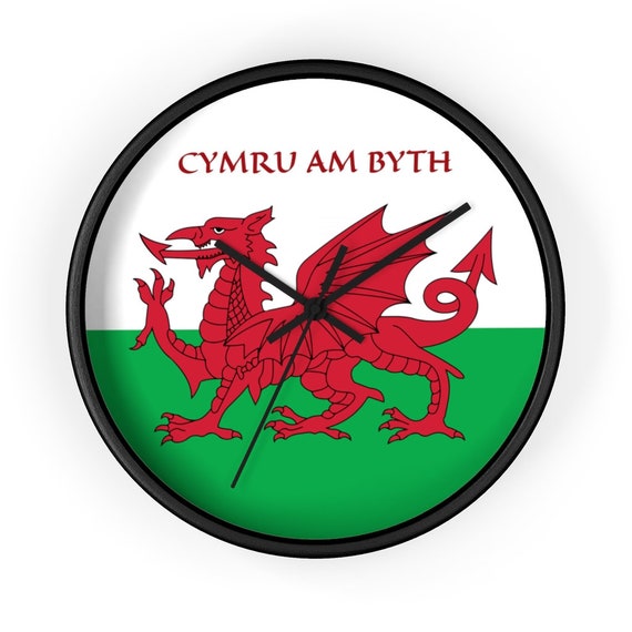 Cymru Am Byth, 10" Black Wall Clock, Red Dragon, Flag Of Wales, Welsh Motto, Welsh Pride