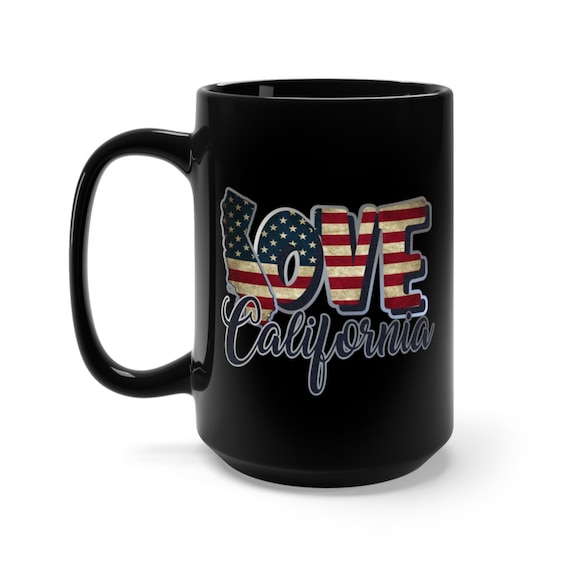 I Love California, Large Black Ceramic Mug, Vintage Retro Flag, American Flag, Patriotic, Patriotism, United States, Coffee, Tea