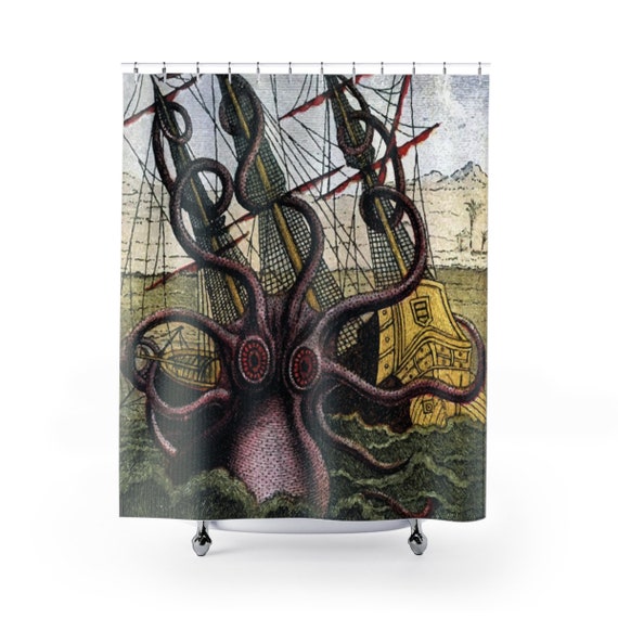 Kraken Attacks Ship v2, Polyester Shower Curtain, Vintage, Antique Illustration, Pierre Denys de Montfort, 1801