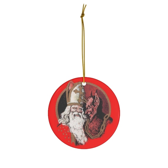 St. Nick & Krampus, Round Porcelain Christmas Ornament, Vintage Image, German Postcard, Xmas Gift