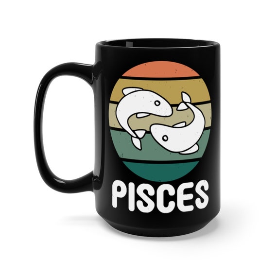 Pisces, Black 15oz Ceramic Mug, Two Fish, Retro Vintage Style, Zodiac Sign, Astrology Gift, Coffee, Tea