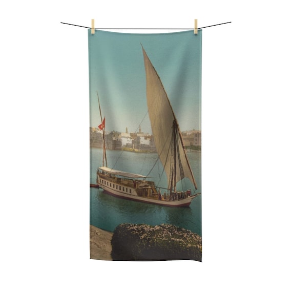 Nile Sailboat Near Cairo Egypt, Bath Towel, From An Antique/Vintage Victorian Postcard