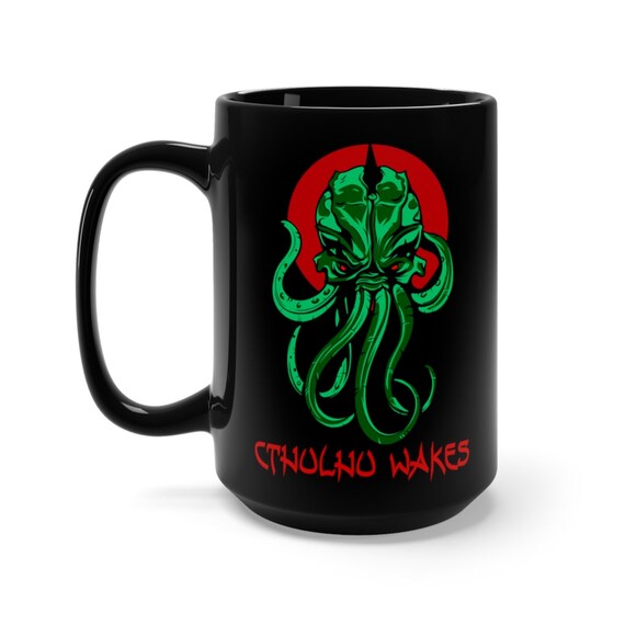 Cthulhu Wakes 15oz, Black Ceramic Mug, Inspired By H.P. Lovecraft's Mythos