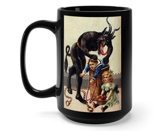 Krampus, Black 15oz Ceramic Mug, Christmas, Vintage German Postcard, XMAS Gift, Coffee, Tea