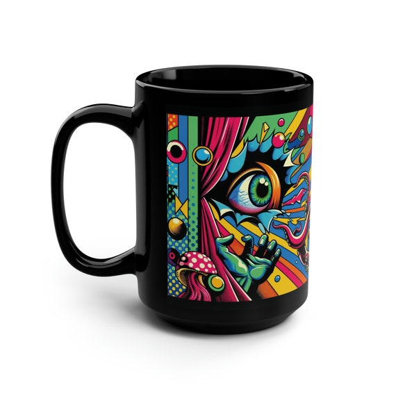 Gazing Beyond Reality, Black 15oz Ceramic Mug, Abstract, Surreal, Pop Art, Colorful, Cthulhu, The Ancient Ones, The Old Ones, The Old Gods