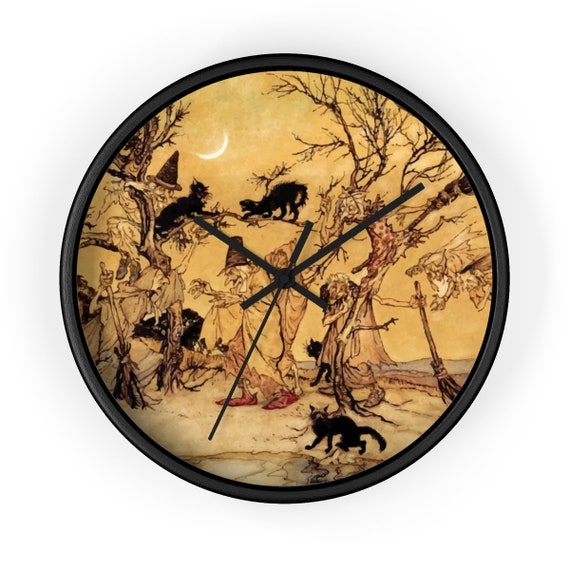 Black Cats & Witches, 10" Black Wall Clock, Halloween, Vintage Illustration, Arthur Rackham, 1920