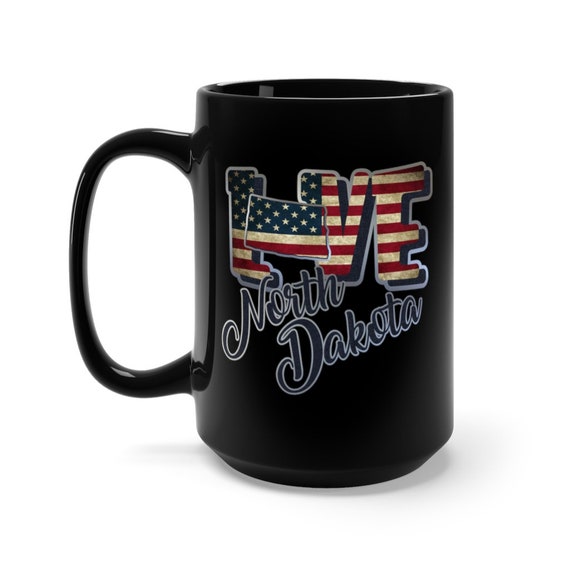 I Love North Dakota, Large Black Ceramic Mug, Vintage Retro Flag, Patriotic, Patriotism, United States, Coffee, Tea