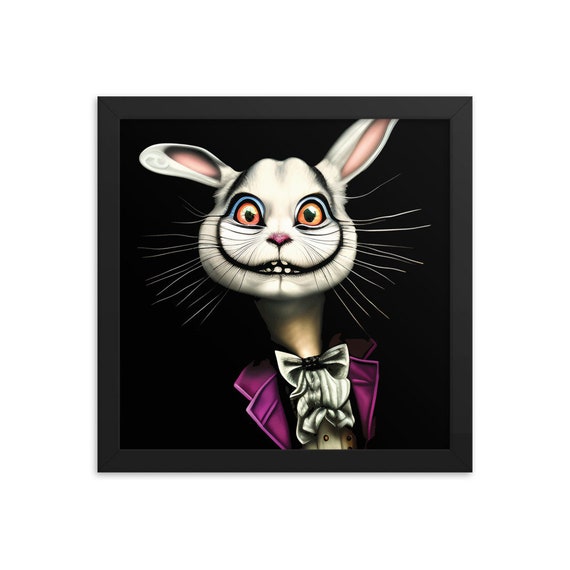 Portrait Of Cheshire White Rabbit, 12"x12" Framed Giclée Poster, Blk Wood Frame, Acrylic Cover, Alice