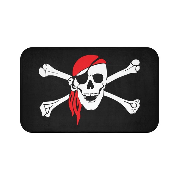 Pirate Flag, Bath Mat, Jolly Roger With Red Bandanna & Eye Patch