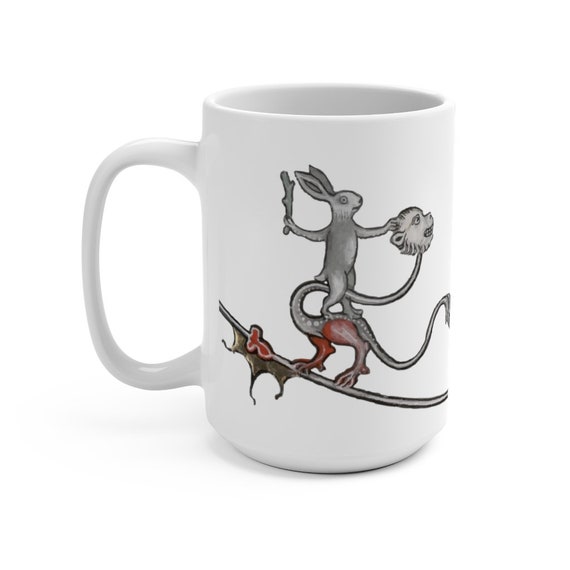 Medieval Rabbit Rides Monkey Dragon White 15oz Ceramic Mug, From Medieval Manuscript, Marginalia, Coffee, Tea