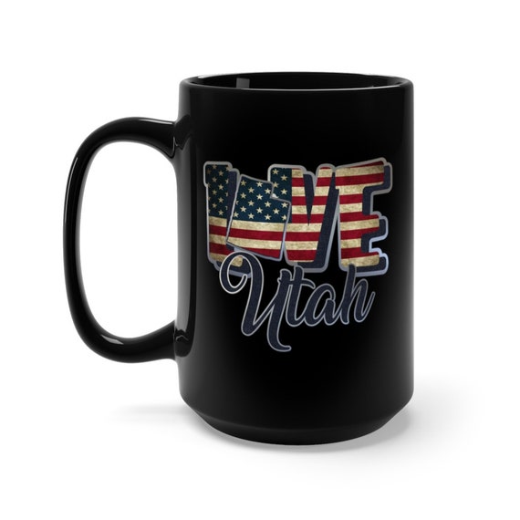 I Love Utah, Large Black Ceramic Mug, Vintage Retro Flag, Patriotic, Patriotism, United States, Coffee, Tea