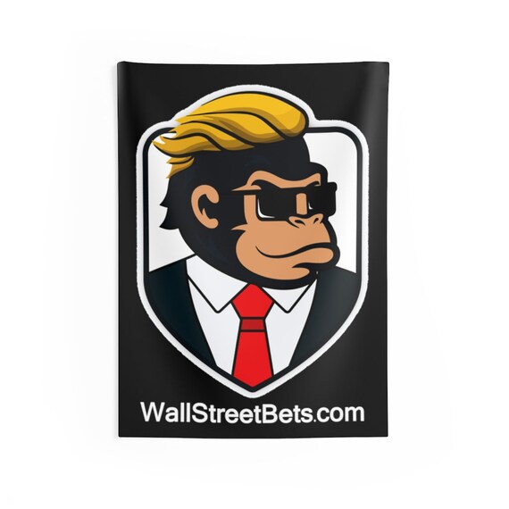 Wally The Ape, Indoor Wall Tapestry, Black Background, 4 Sizes, WallStreetBets.com DEX Logo