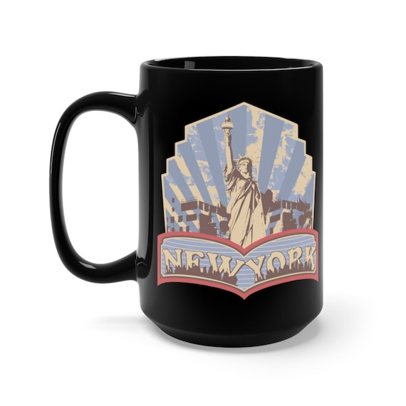 New York, Statue Of Liberty v2, Black 15oz Ceramic Mug, Patriotism, Retro, Vintage Inspired, Americana, Coffee, Tea