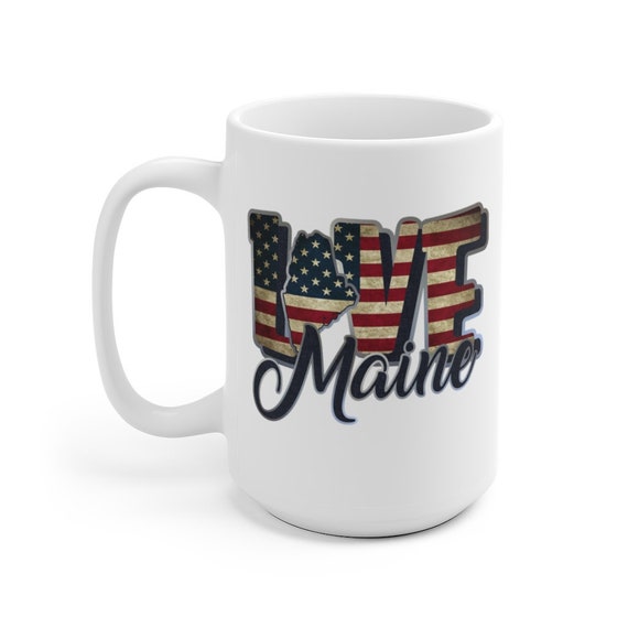 I Love Maine, Large White Ceramic Mug, Vintage Retro Flag, Patriotic, Patriotism, United States, Coffee, Tea