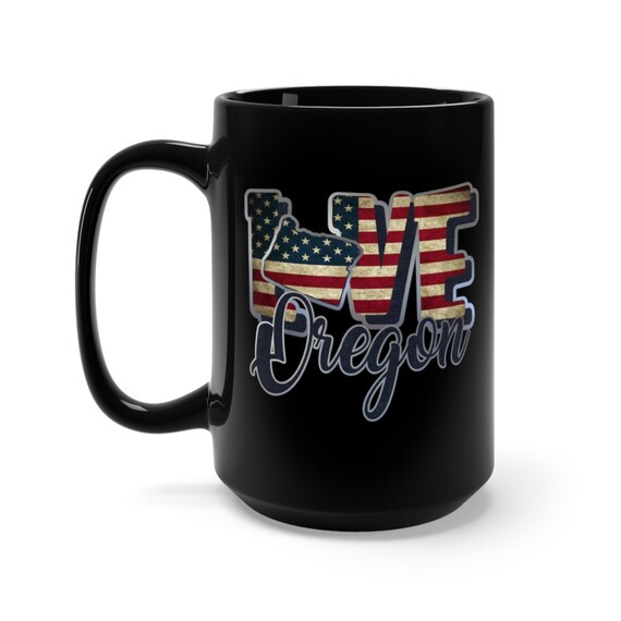 I Love Oregon, Large Black Ceramic Mug, Vintage Retro Flag, Patriotic, Patriotism, United States, Coffee, Tea