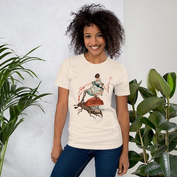 Flying High, Soft Cotton T-Shirt, Vintage Jazz Age Illustration, Woman Riding Flying Insect