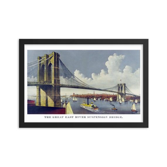 Vintage Brooklyn Bridge, 18"x12" Framed Giclée Poster, Black Wood Frame, Acrylic Covering, Great East River Suspension Bridge