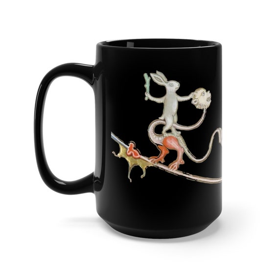 Medieval Rabbit Rides Monkey Dragon Black 15oz Ceramic Mug, From Medieval Manuscript, Marginalia, Coffee, Tea