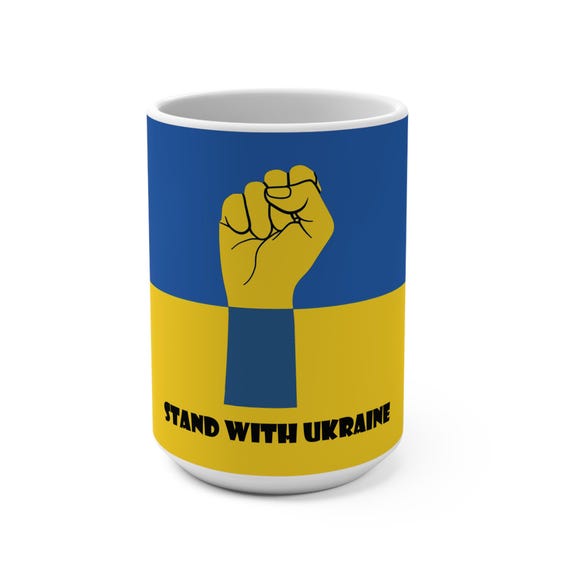 Stand with Ukraine, 15oz White Ceramic Mug, Flag Of Ukraine with Resistance Fist, Ukrainian Pride