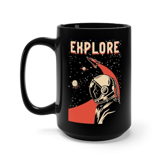 Explore Black 15oz Ceramic Mug, Vintage Retro design, Space Fan, NASA Fan, Coffee, Tea