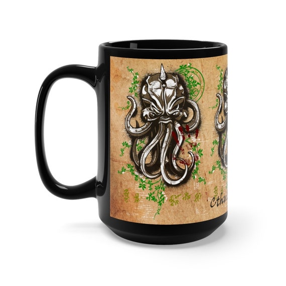 Cthulhu Fhtagn 15oz Black Ceramic Mug, Vintage Inspired Cosmic Horror Design, Lovecraft