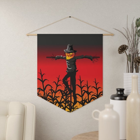 Halloween Scarecrow In Wheat Field, 18"x21" Indoor Wall Pennant. Jack-O-Lantern, Halloween, All Hallows Eve