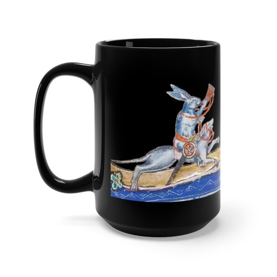 Medieval Rabbit Riding A War Dog Black 15oz Ceramic Mug, From Medieval Manuscript, Marginalia, Coffee, Tea