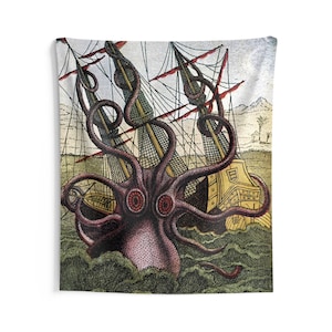 Kraken Attacks Ship v2, Indoor Wall Tapestry, Vintage, Antique Illustration, Pierre Denys de Montfort, 1801