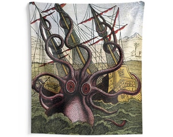 Op de afbeelding: Een vintage illustratie van een gigantische octopus die een zeilschip aanvalt. De octopus heeft grote, rode ogen en is om de masten van het schip gewikkeld. Het schip is gedeeltelijk ondergedompeld in het water, en de golven breken eromheen.