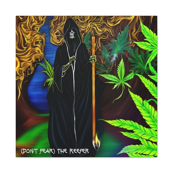 Don't Fear The Reefer, 24"x24" Canvas Print, Classic Rock Album Cover Style, Marijuana, Cannabis, Rebellion, Grim Reaper