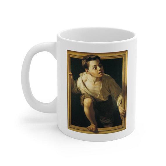 Escaping Criticism White Ceramic Mug, Pere Borrell del Caso, 1874, 3D Illusion, Coffee, Tea