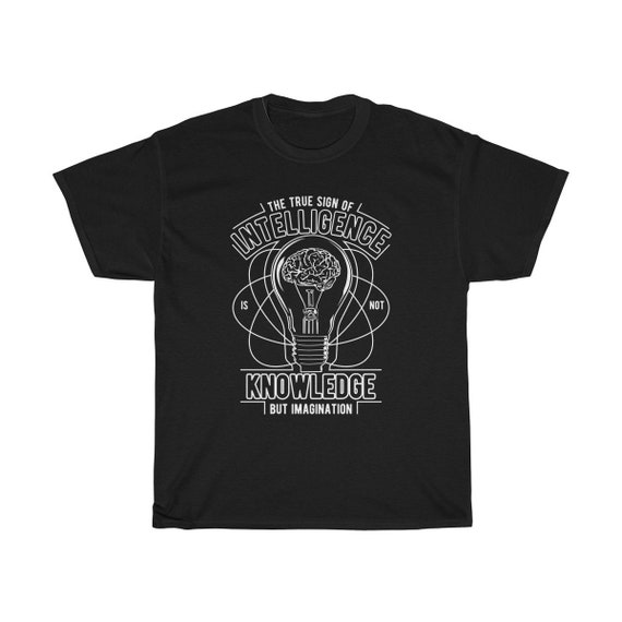 True Sign Of Intelligence - Unisex Heavy Cotton Tee With A Vintage Inspired Image of A Brain Inside An Edison Bulb  (Darker Colors)