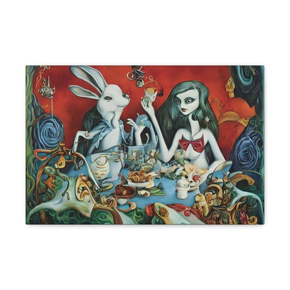 Alice At The Tea Party, Canvas Print, White Rabbit, Surreal, Fantasy, Wonderland