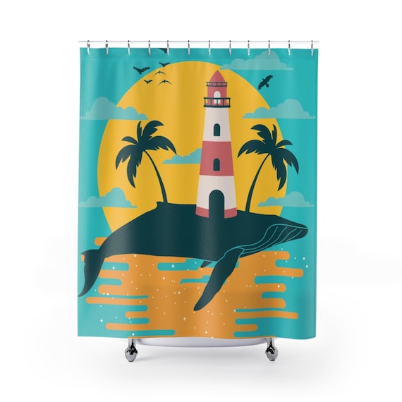 Turquoise Whale Island, Polyester Shower Curtain, Vintage Inspired Image, Lighthouse, Gulls, Palm Trees