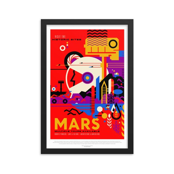 Solar System: Mars, 12" x18" Framed Giclée Poster, Black Wood Frame, Acrylic Covering, Fake Vintage/Retro Style NASA Travel Poster